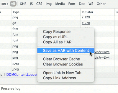An image showing the :guilabel:`Save as HAR with Content` option in the Chrome developer tools.