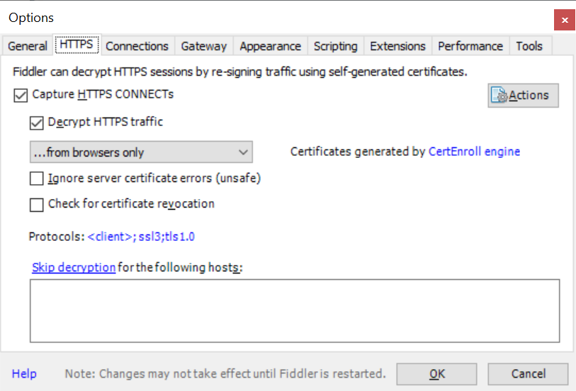 An image showing the HTTPS decryption configuration UI in Fiddler.